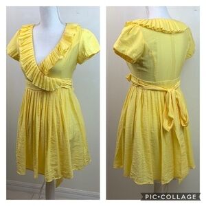 Ya Los Angeles Sunny yellow, silky ruffle V neck wrap babydoll mini dress S